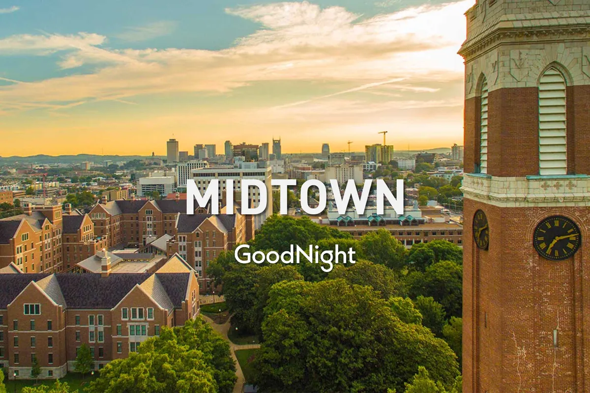 A sweeping view of the Midtown skyline, historic buildings, a prominent clock tower, and lush green foliage under a tranquil evening sky. The scene suggests possibilities for social gatherings, photography, and enjoying time together in the city.